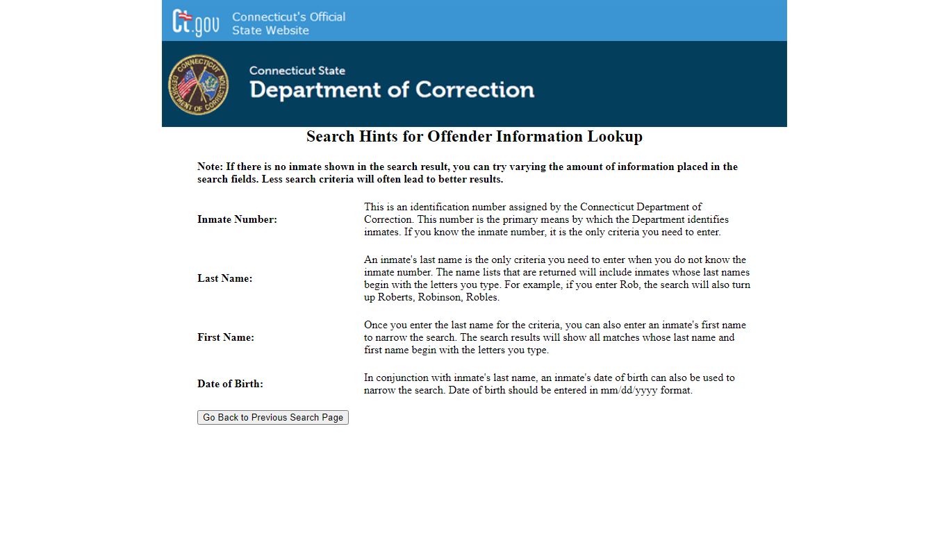Department of Correction Inmate Information Search